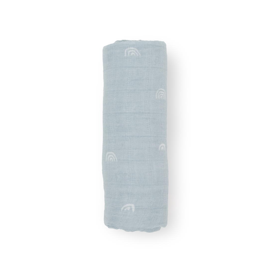 Little Unicorn Cotton Muslin Swaddle Blanket | Blue Rainbow