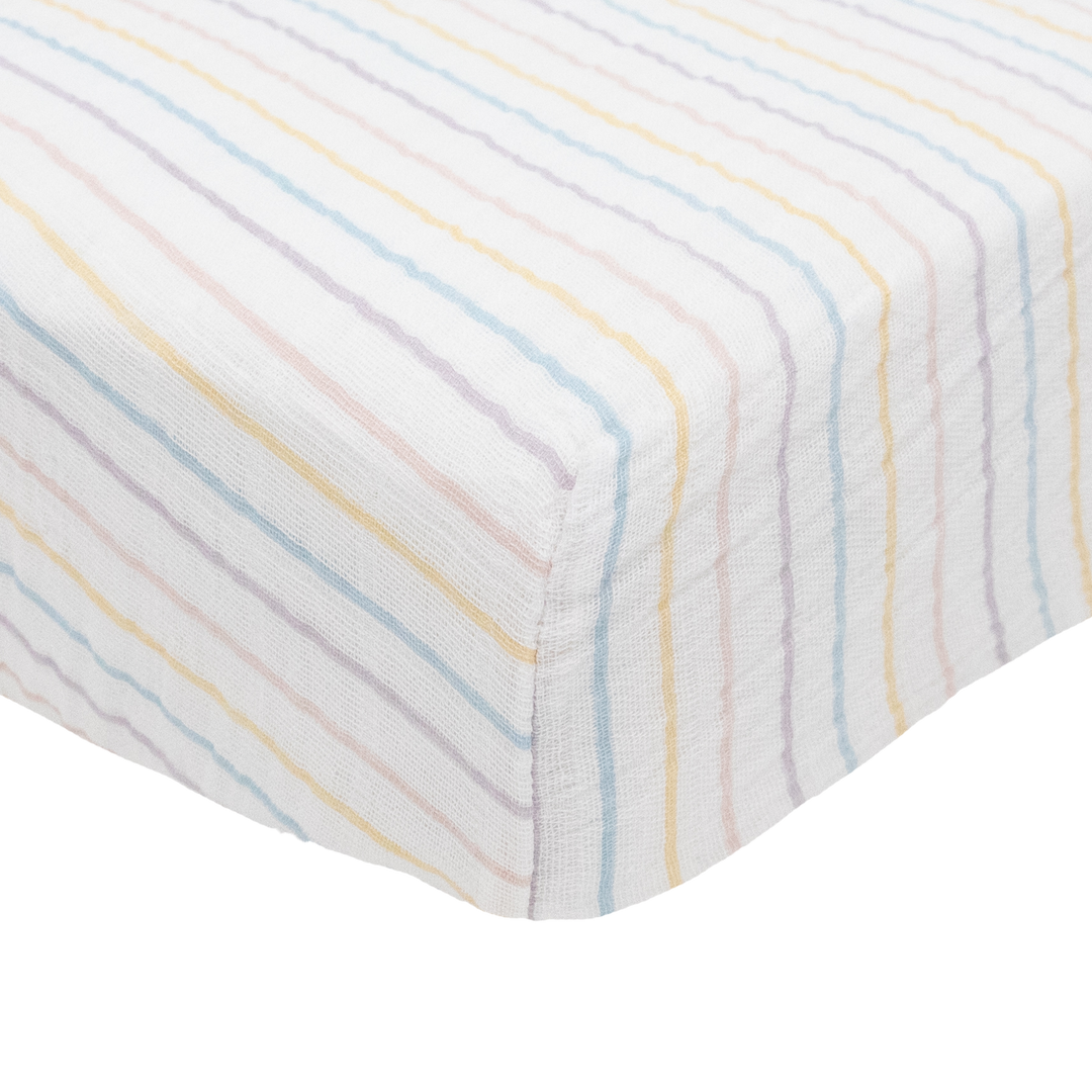 Little Unicorn Cotton Muslin Crib Sheet | Unicorn Stripe