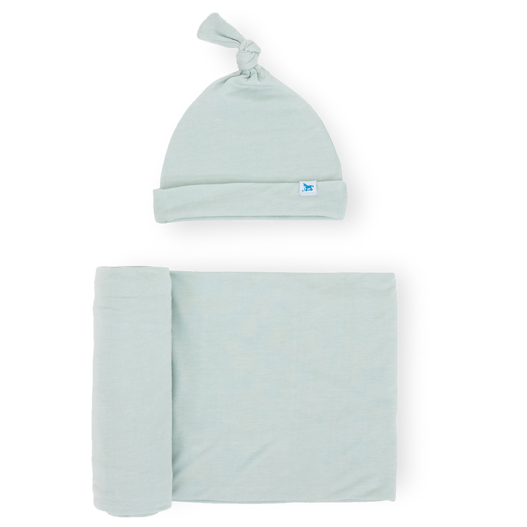 Little Unicorn Stretch Knit Swaddle and Hat Set | Frost Green