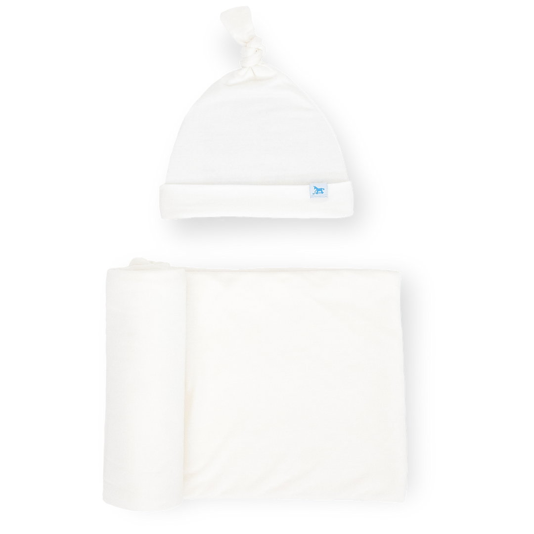 Little Unicorn Stretch Knit Swaddle and Hat Set | White