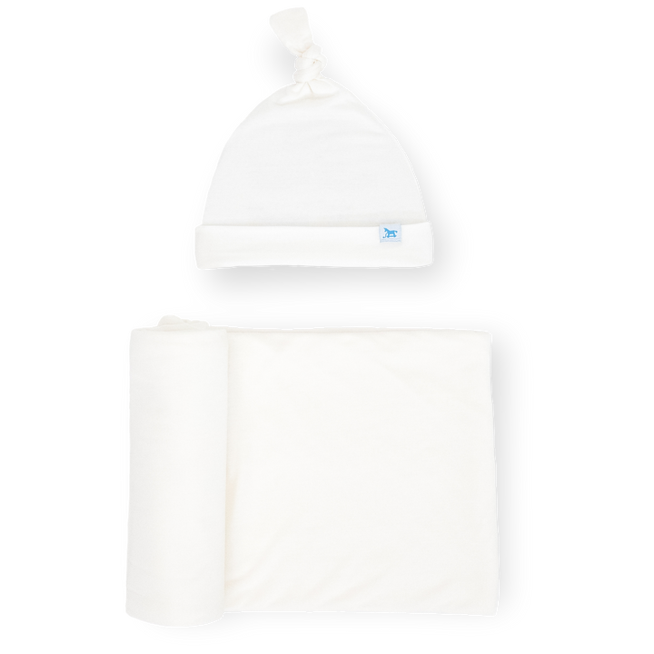 Little Unicorn Stretch Knit Swaddle and Hat Set | White