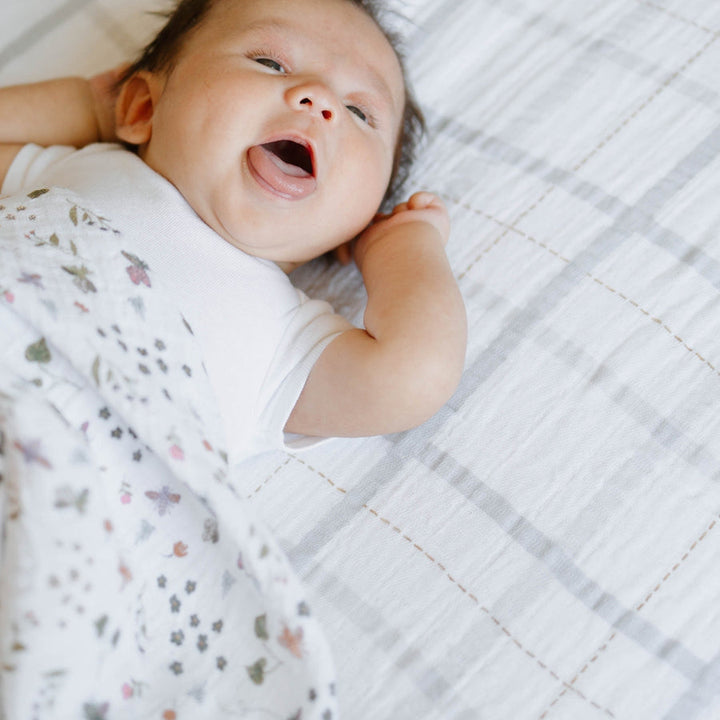 Little Unicorn Cotton Muslin Crib Sheet | Grey Plaid