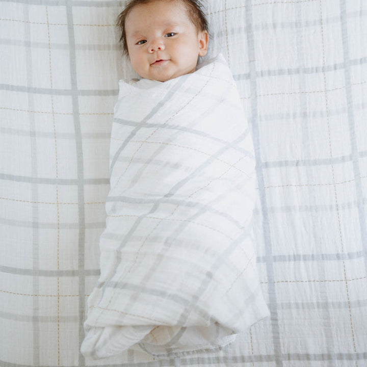 Little Unicorn Cotton Muslin Swaddle Blanket | Grey Plaid
