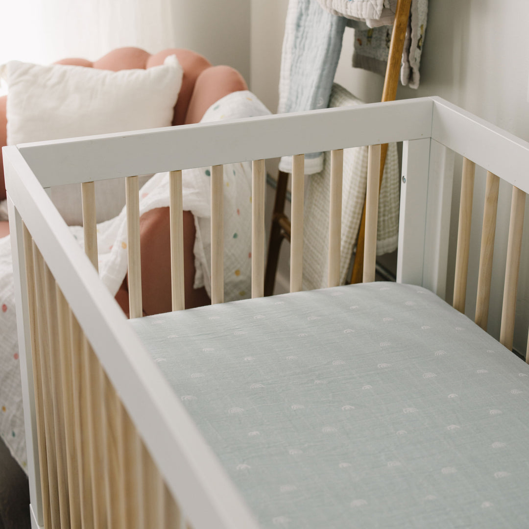 Little Unicorn Cotton Muslin Crib Sheet | Blue Rainbow