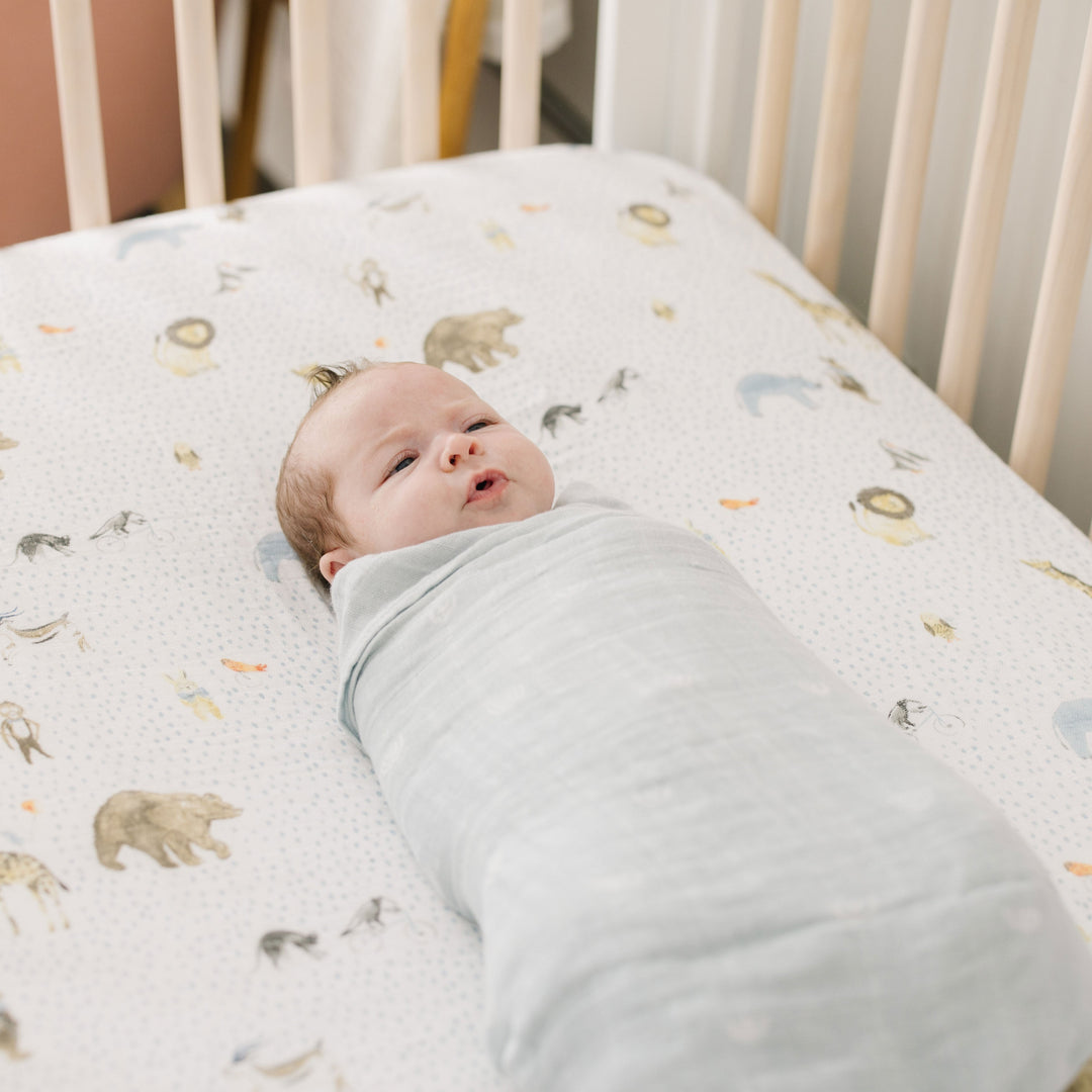 Little Unicorn Cotton Muslin Swaddle Blanket | Blue Rainbow