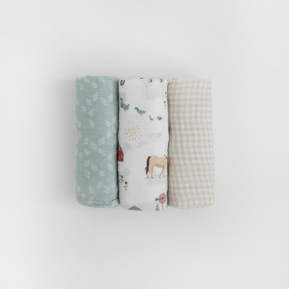 Little Unicorn Cotton Muslin Swaddle Blanket 3 Pack | Farmyard
