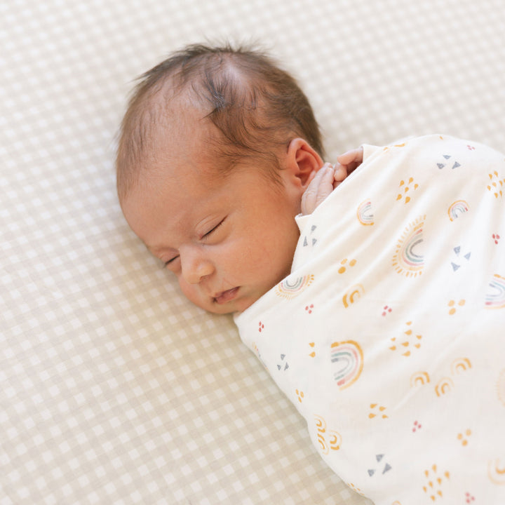 Little Unicorn Stretch Knit Crib Sheet | Tan Gingham