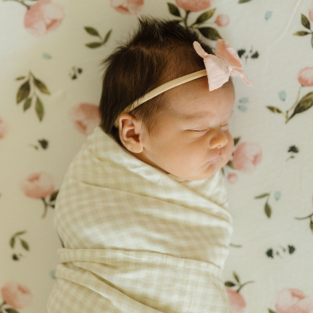 Little Unicorn Stretch Knit Swaddle Blanket | Tan Gingham