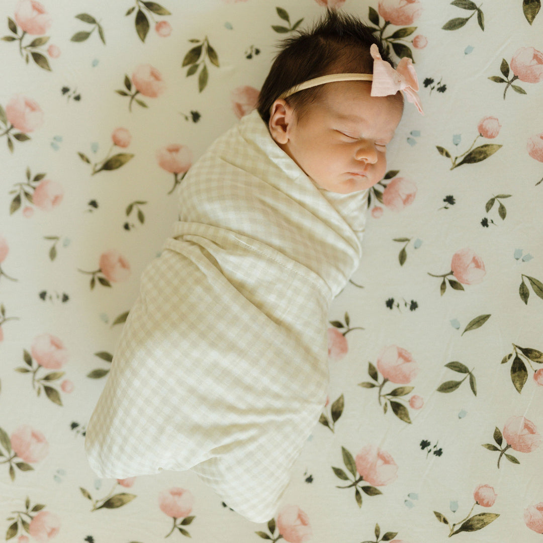 Little Unicorn Stretch Knit Swaddle Blanket | Tan Gingham