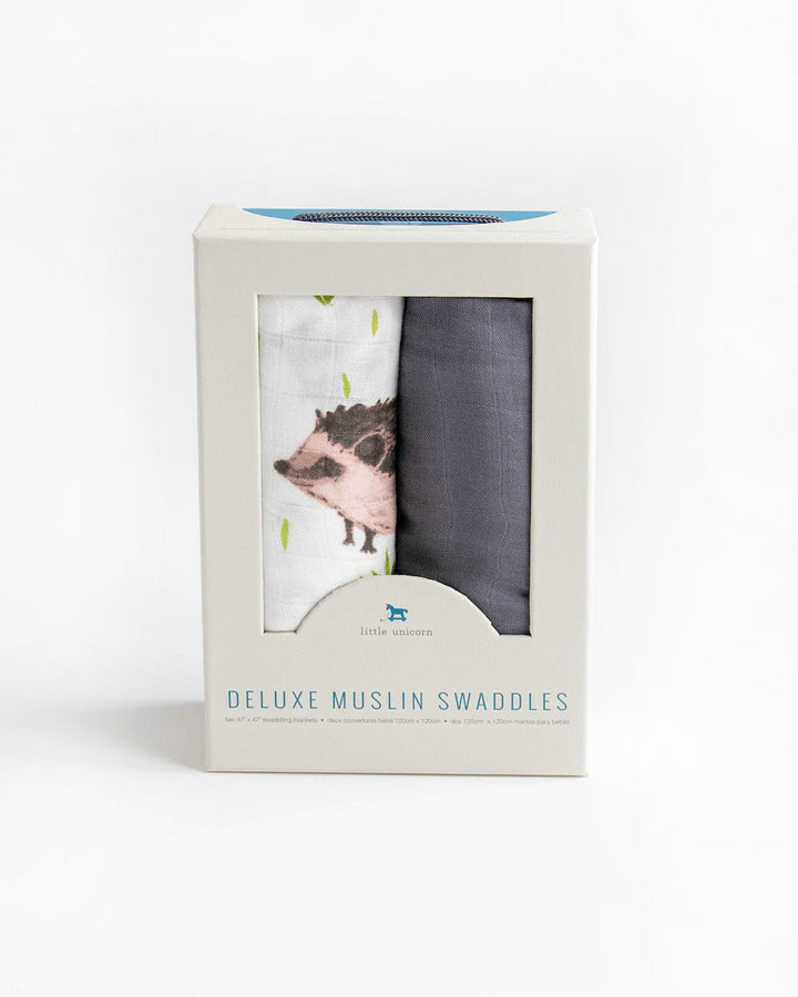 Little Unicorn Deluxe Muslin Swaddle Blanket 2 Pack | Charcoal Hedgehog