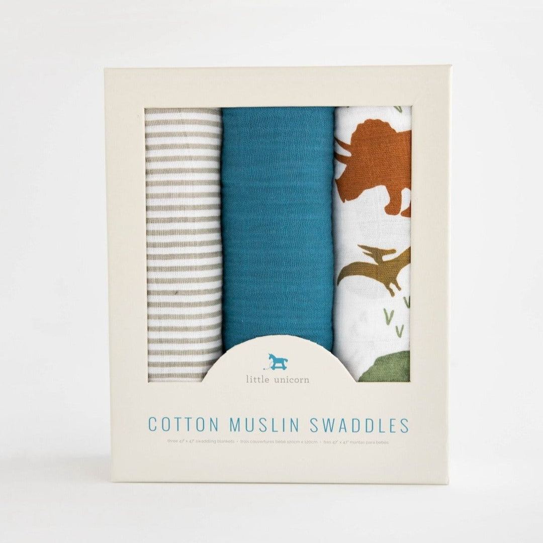 Little Unicorn Cotton Muslin Swaddle Blanket 3 Pack | Dino Friends 2
