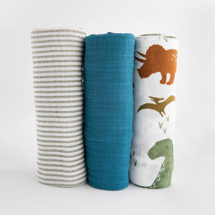 Little Unicorn Cotton Muslin Swaddle Blanket 3 Pack | Dino Friends 2