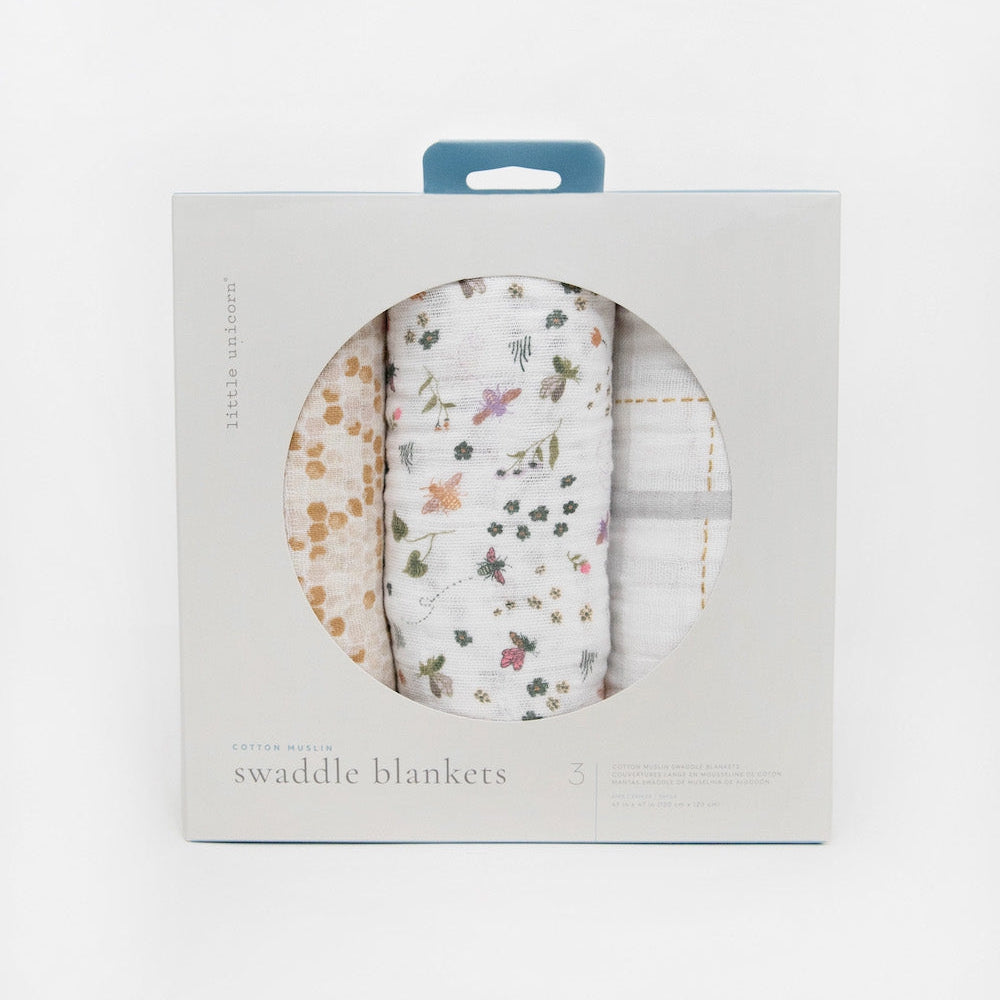 Little Unicorn Cotton Muslin Swaddle Blanket 3 Pack | Garden Bees