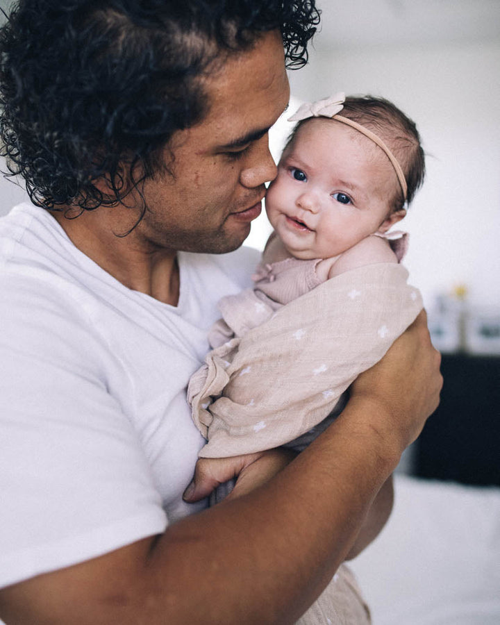 Little Unicorn Cotton Muslin Swaddle Blanket | Taupe Cross