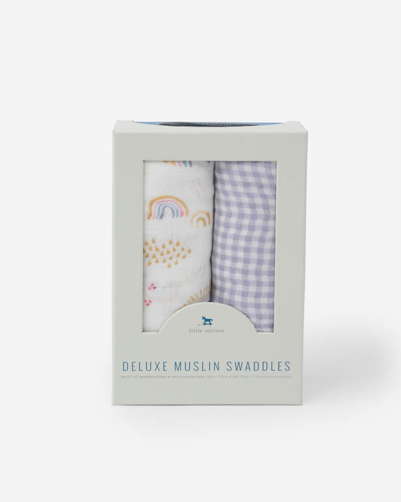 Little Unicorn Deluxe Muslin Swaddle Blanket 2 Pack | Rainbow Gingham