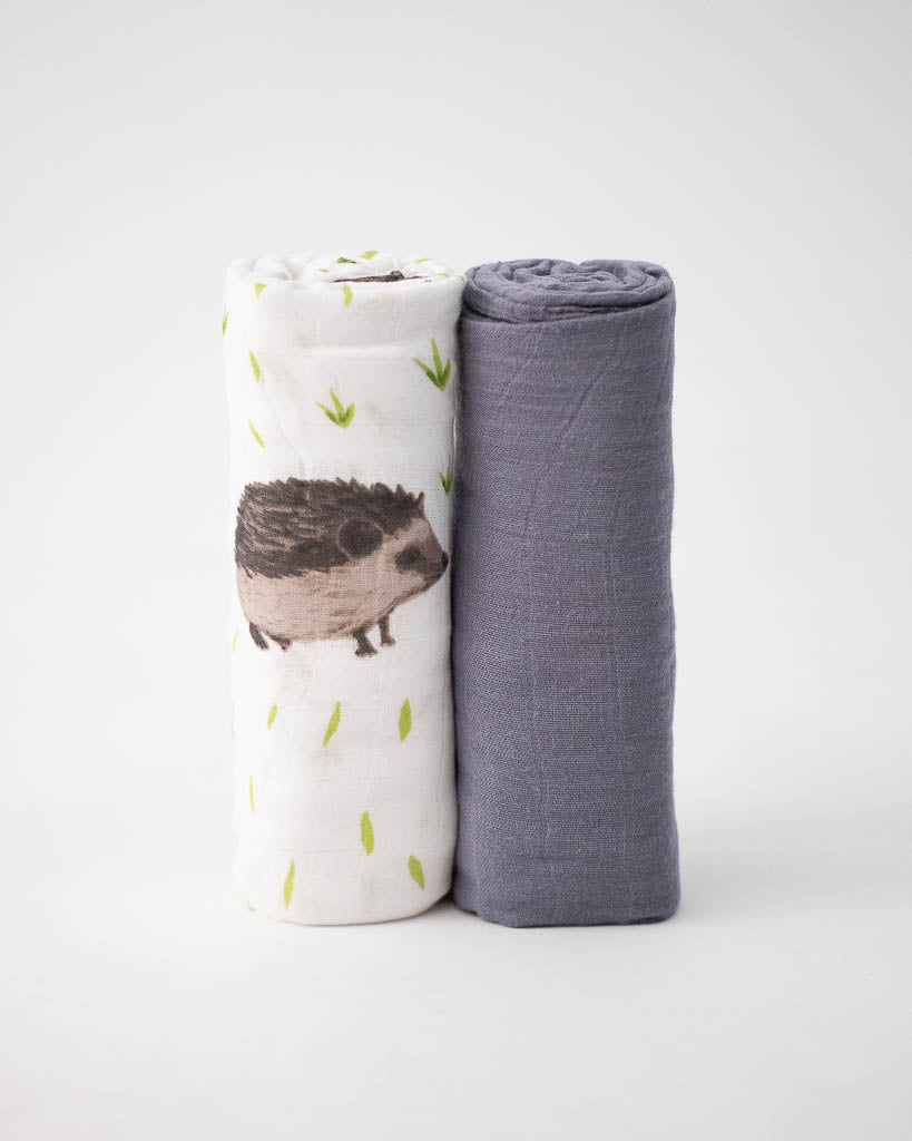 Little Unicorn Deluxe Muslin Swaddle Blanket 2 Pack | Charcoal Hedgehog