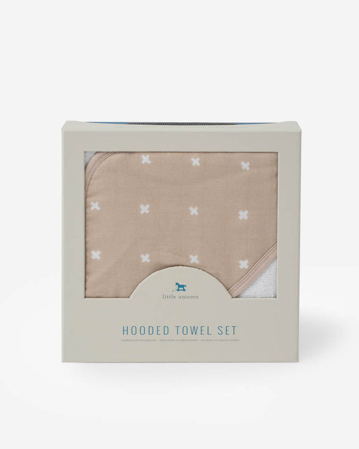 Little Unicorn Infant Hooded Towel & Washcloth Set | Taupe Cross