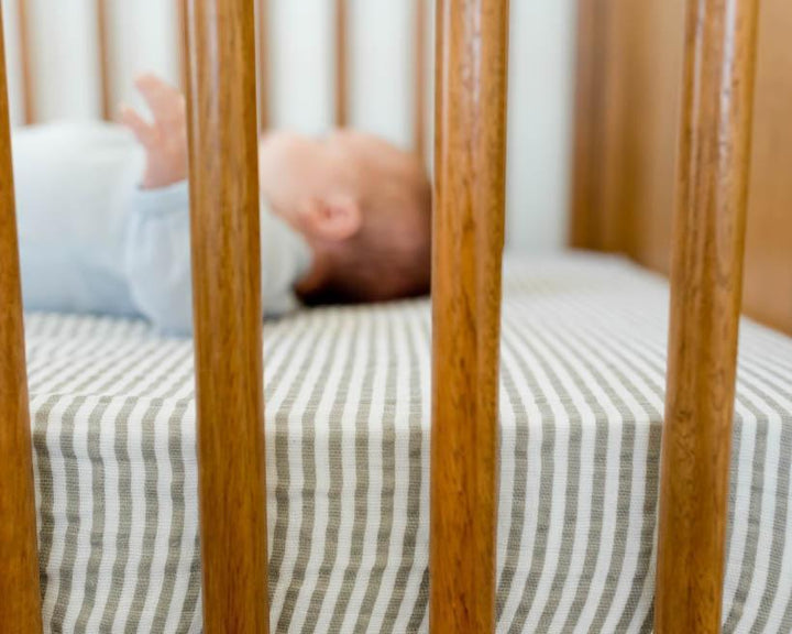 Little Unicorn Cotton Muslin Crib Sheet | Grey Stripe