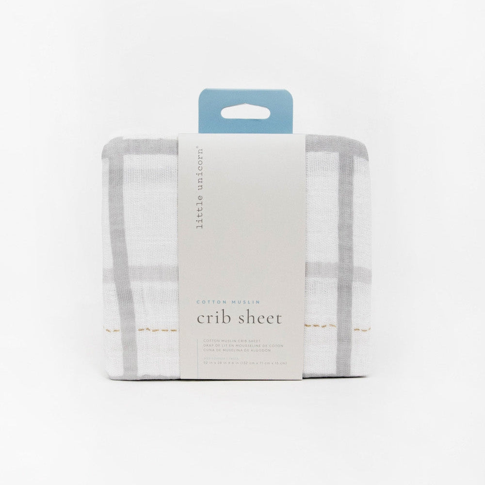 Little Unicorn Cotton Muslin Crib Sheet | Grey Plaid