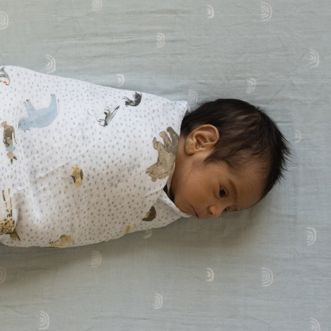 Little Unicorn Cotton Muslin Crib Sheet | Blue Rainbow