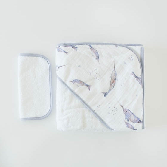 Little Unicorn Infant Hooded Towel & Washcloth Set | Narwhal