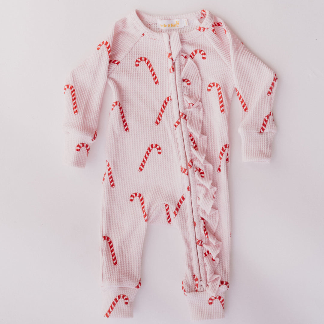 Cuddle + Kind Frill Zip Romper | Pink Candy Cane Waffle