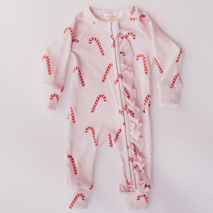 Cuddle + Kind Frill Zip Romper | Pink Candy Cane Waffle