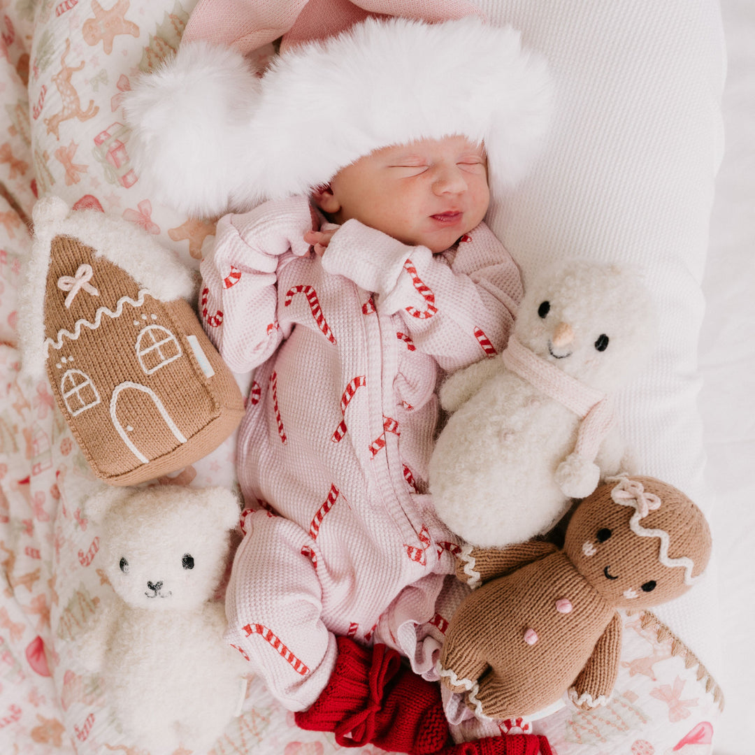 Cuddle + Kind Frill Zip Romper | Pink Candy Cane Waffle