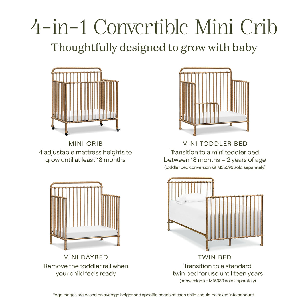 M15398VG,Namesake,Winston 4-in-1 Convertible Mini Crib in Vintage Gold