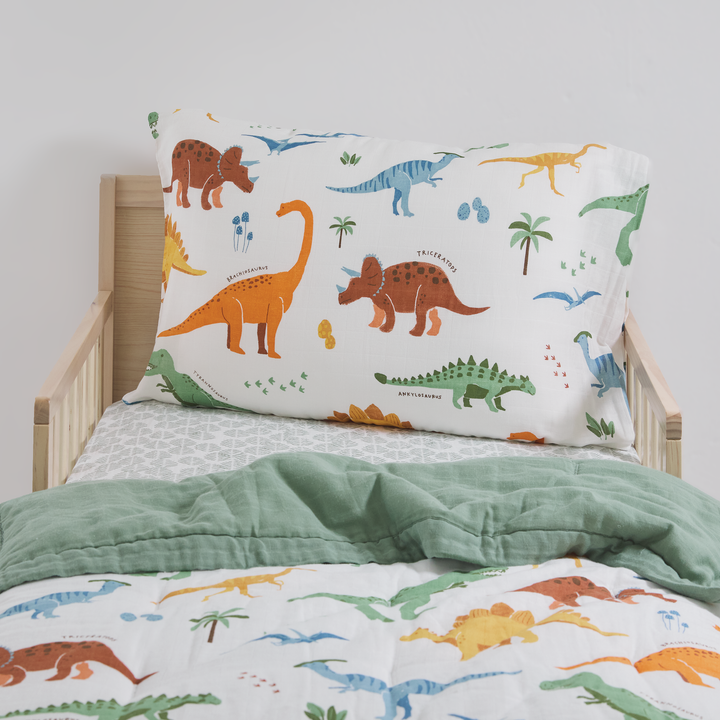 Little Unicorn Cotton Muslin Toddler Bedding 3 Piece Set | Dino Names