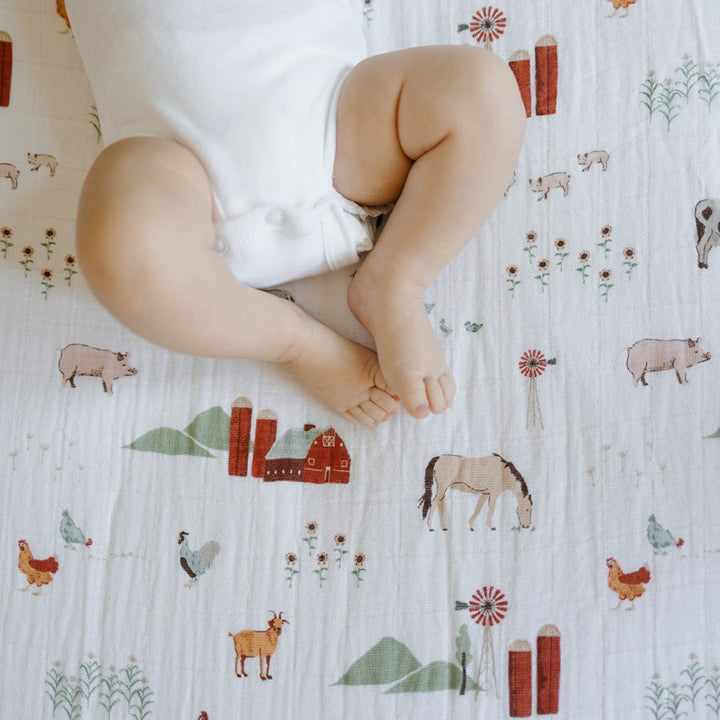 Little Unicorn Cotton Muslin Crib Sheet | Farmyard