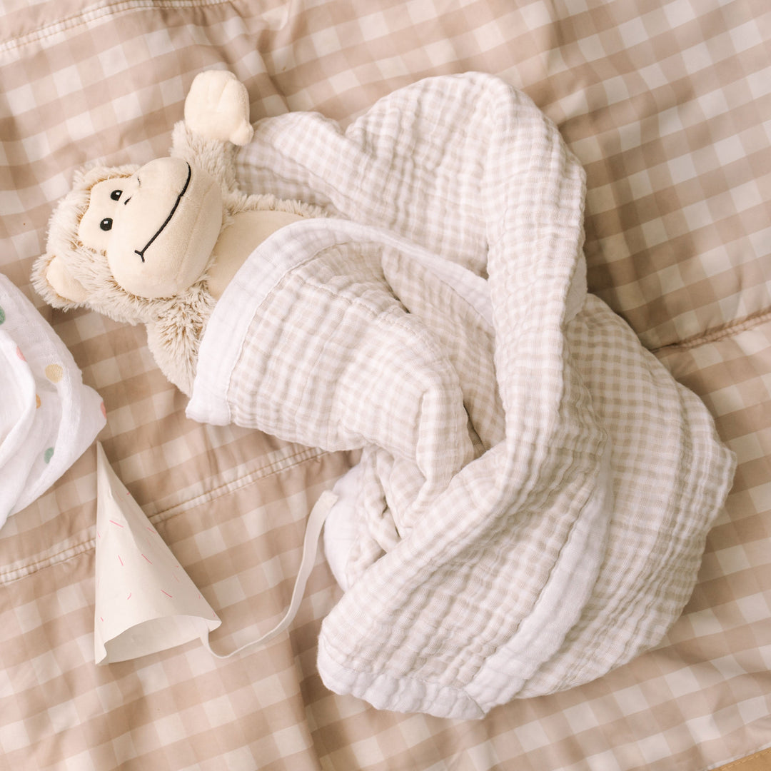 Little Unicorn Cotton Muslin Baby Quilt | Tan Gingham