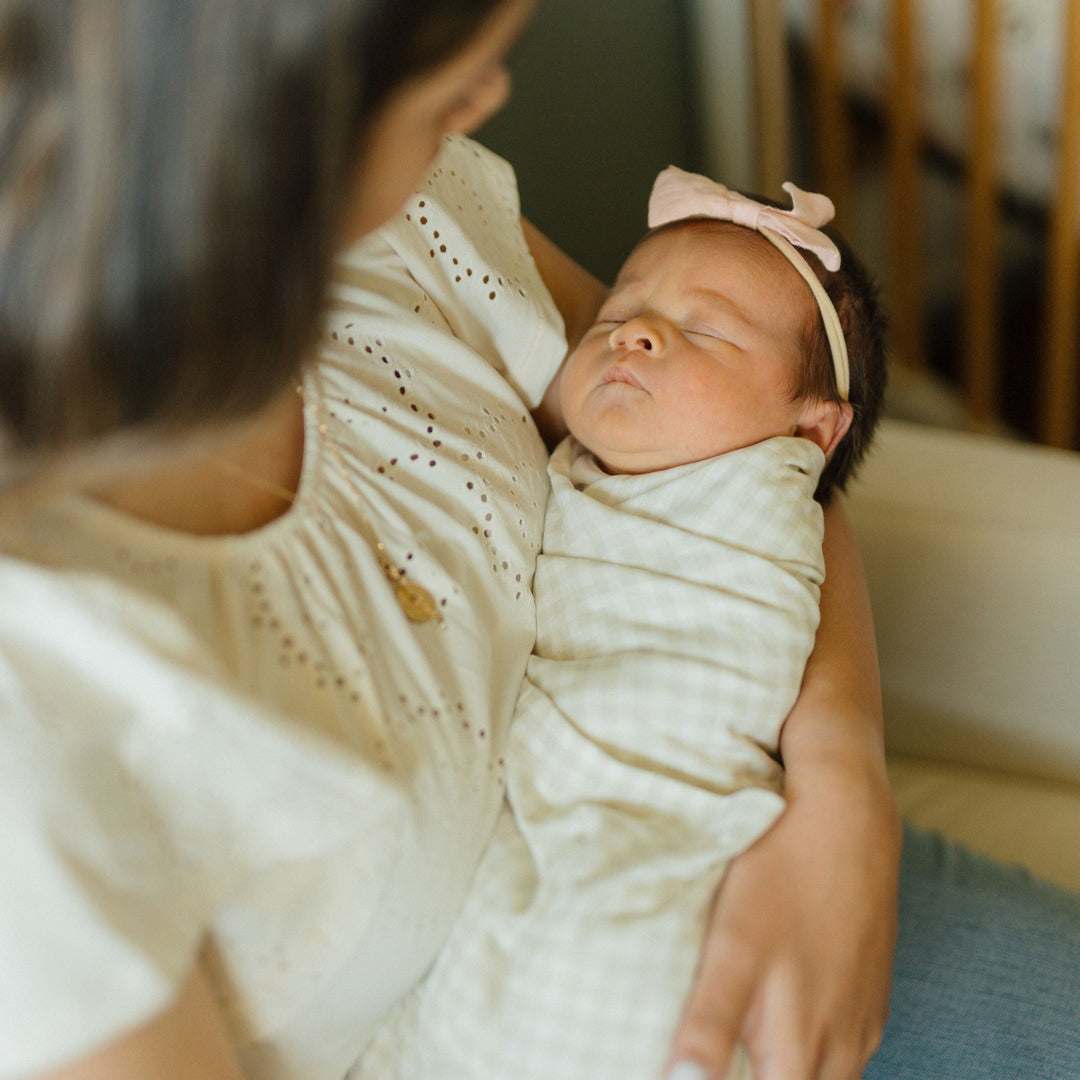 Little Unicorn Stretch Knit Swaddle Blanket | Tan Gingham