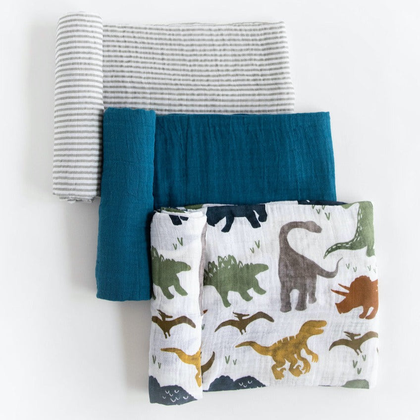 Little Unicorn Cotton Muslin Swaddle Blanket 3 Pack | Dino Friends 2
