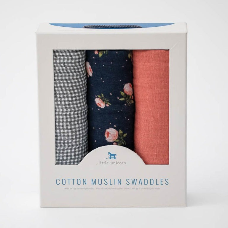Little Unicorn Cotton Muslin Swaddle Blanket 3 Pack | Midnight Rose