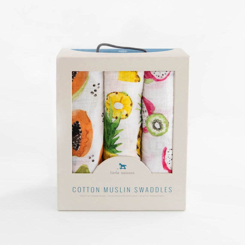 Little Unicorn Cotton Muslin Swaddle Blanket 3 Pack | Tropical Fruit