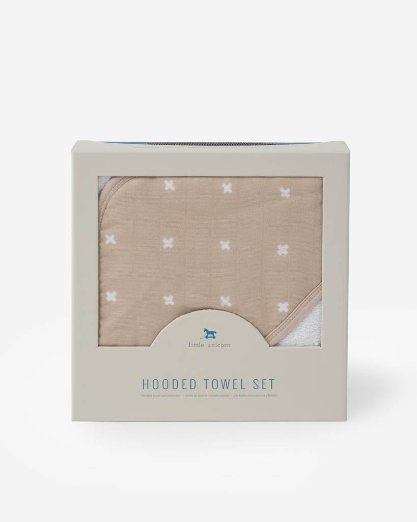 Little Unicorn Infant Hooded Towel & Washcloth Set | Taupe Cross