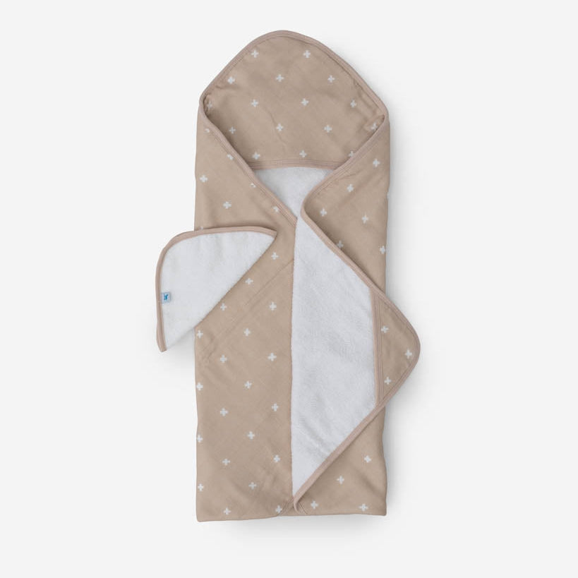 Little Unicorn Infant Hooded Towel & Washcloth Set | Taupe Cross