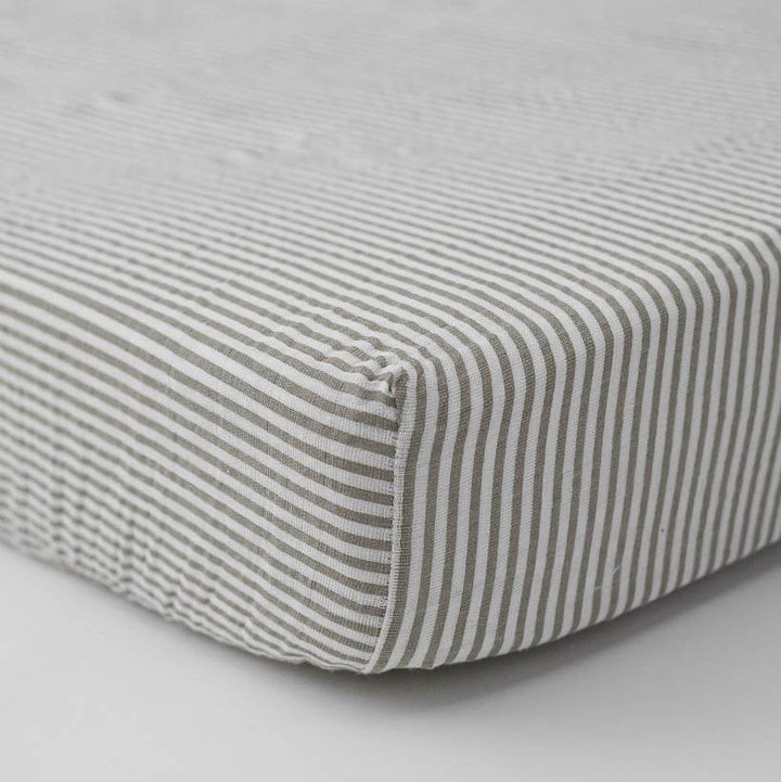 Little Unicorn Cotton Muslin Crib Sheet | Grey Stripe