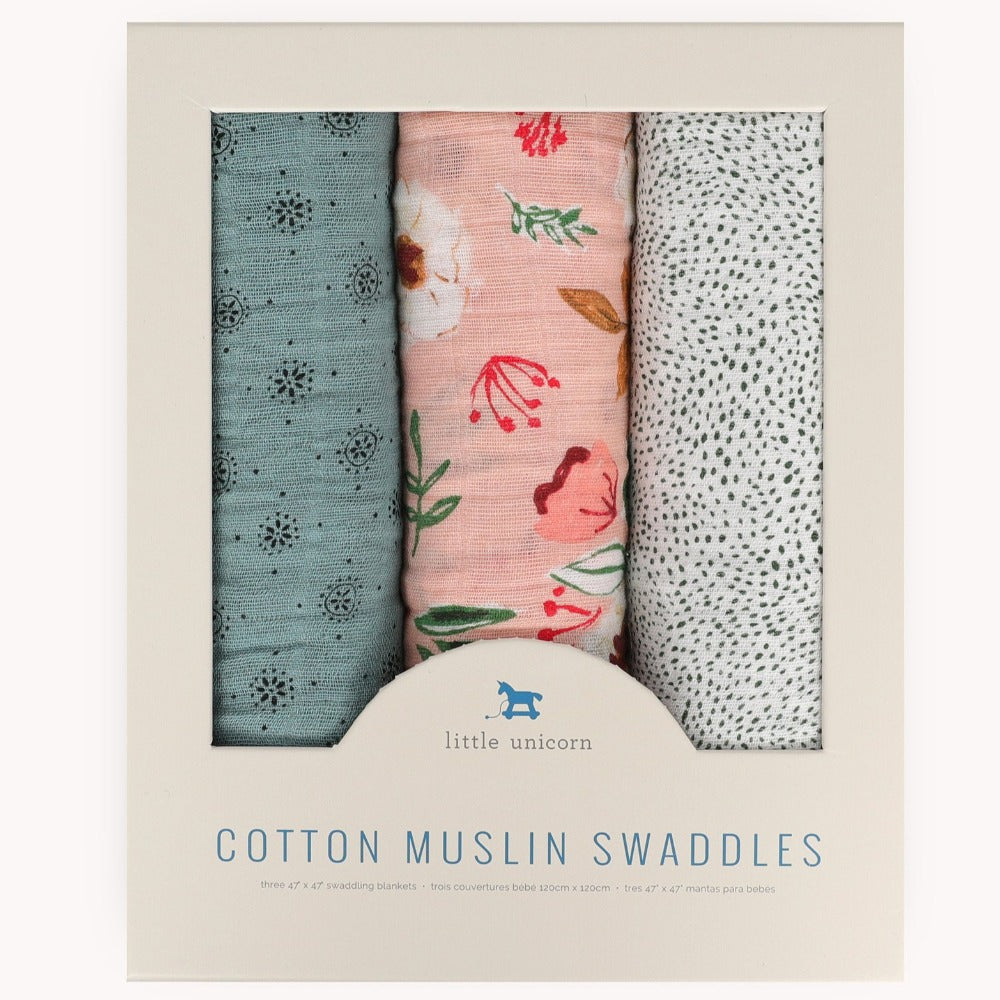Little Unicorn Cotton Muslin Swaddle Blanket 3 Pack | Vintage Floral