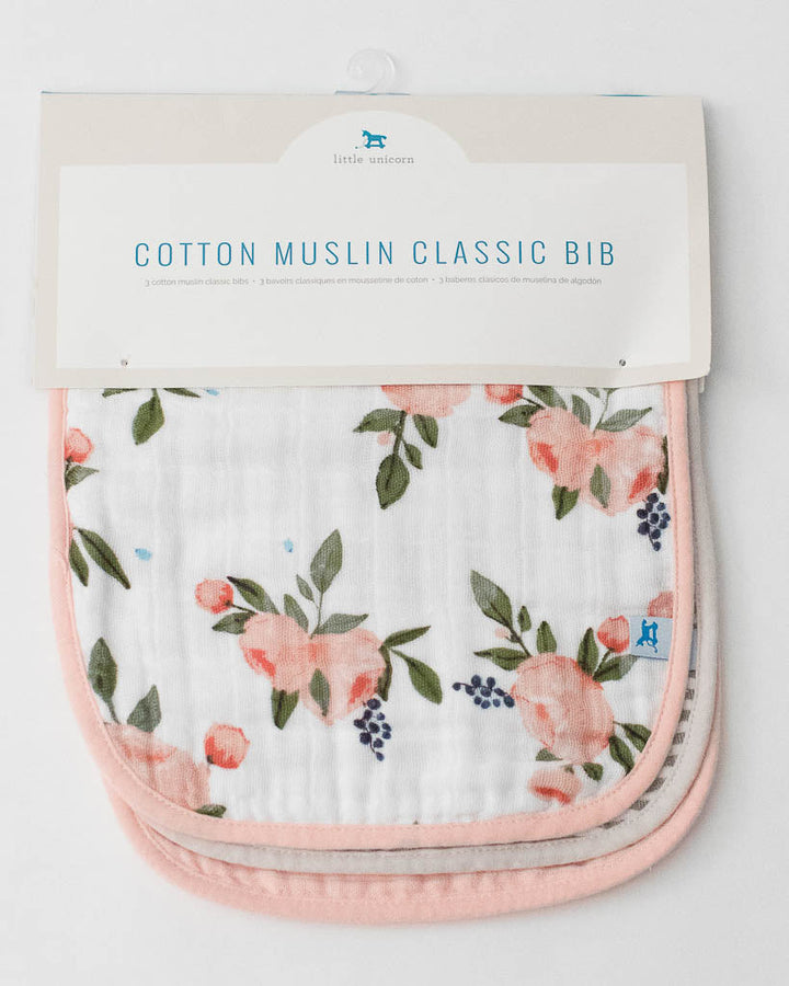 Little Unicorn Cotton Muslin Classic Bib 3 Pack | Watercolor Roses
